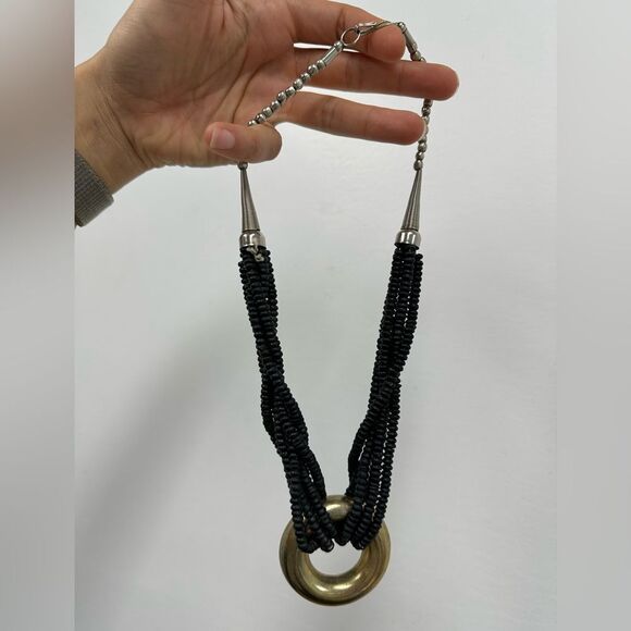 Mix Metal & Black Bead Vintage 80's Chunky Statement Necklace 22" - Picture 6 of 9